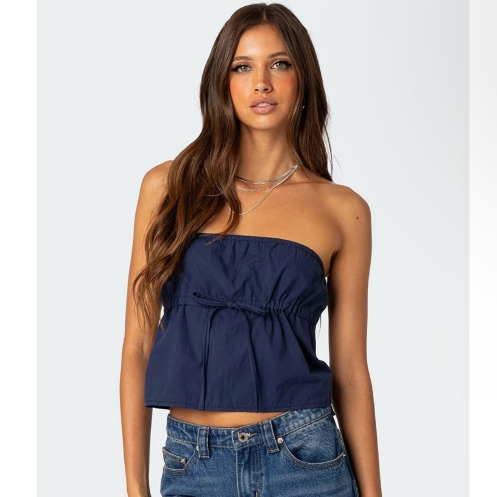 Navy Blue Strapless Tank with Drawstring